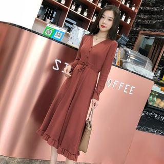 Drawstring Buttoned A-line Midi Knit Dress