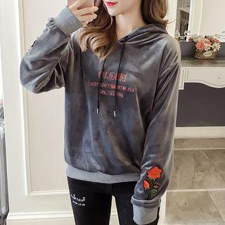 Letter Rose Embroidered Velvet Hoodie