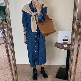 Set: Denim Midi Shirtdress + Shawl With Shawl - Dress - Blue - One Size