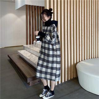 Long-sleeve Plaid Midi Hoodie Dress As Shown In Figure - One Size