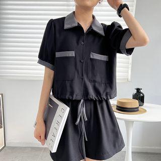 Set: Contrast Collar Blouse + Wide Leg Shorts