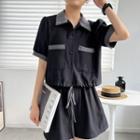 Set: Contrast Collar Blouse + Wide Leg Shorts