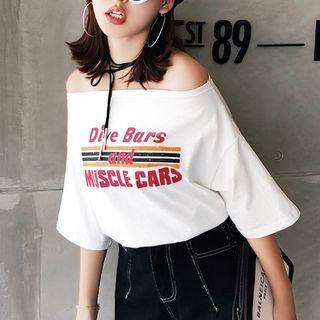 Elbow-sleeve Off-shoulder Lettering T-shirt
