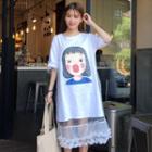 Mesh Hem Printed Elbow Sleeve T-shirt Dress
