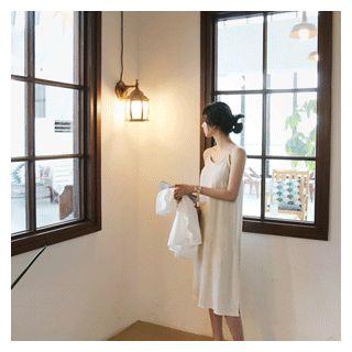 Spaghetti-strap Linen Dress Beige - One Size