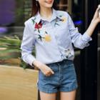 Floral Embroidered Striped Long-sleeve Shirt