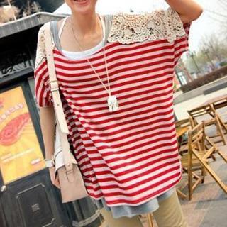 Lace Panel Striped T-shirt