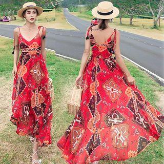 V-neck Printed Spaghetti Strap Midi A-line Dress