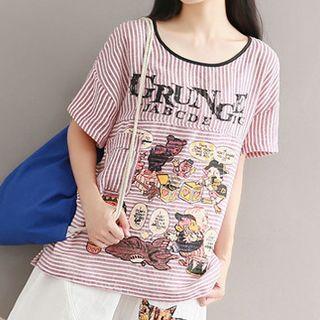 Short Sleeve Printed Pinstriped T-shirt