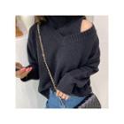 Turtleneck Top & V-neck Sweater Knit Set Black - One Size