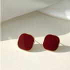 Glaze Square Earring 1 Pair - 925 Silver Stud - Red - One Size
