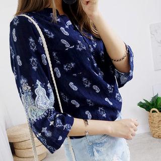 Mandarin-collar 3/4-sleeve Paisley Blouse