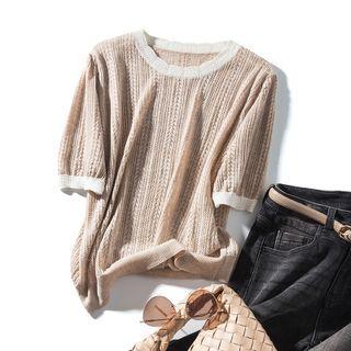 Short-sleeve Flower Trim Collar Cut-out Knit Top