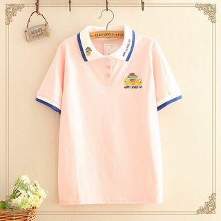 Contrast-trim Embroidered Short-sleeve Top