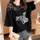 Oversized Lace Panel Sequined Lettering T-shirt