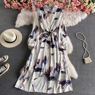 Print Long Sleeve Shirt Dress With Sash White - One Size