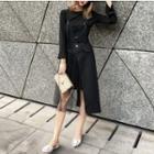 Set: Long-sleeve Mini T-shirt Dress + Mesh Paneled Asymmetric Suspender Skirt