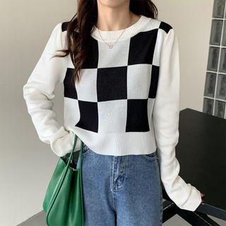 Round Neck Check Cropped Sweater Black & White - One Size