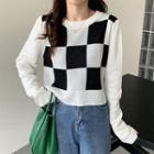 Round Neck Check Cropped Sweater Black & White - One Size