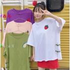 Embroidered Fruit Frog-button Elbow-sleeve T-shirt