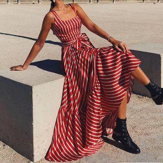 Striped Tie-waist Sleeveless Midi A-line Dress