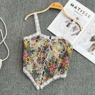 Lace Trim Retro Floral Print Lace-up Camisole Top Red Rose - Beige - One Size