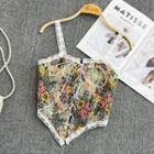 Lace Trim Retro Floral Print Lace-up Camisole Top Red Rose - Beige - One Size