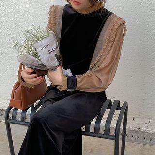 Long-sleeve Mock-neck Lace Trim Midi Dress Coffee - One Size