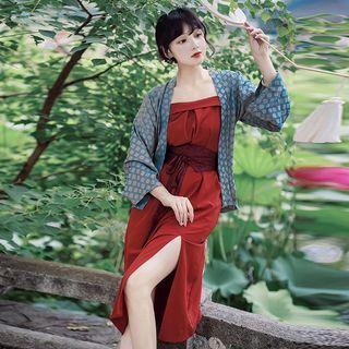 Set: Pattern Jacket + Spaghetti Strap Dress + Waist Belt