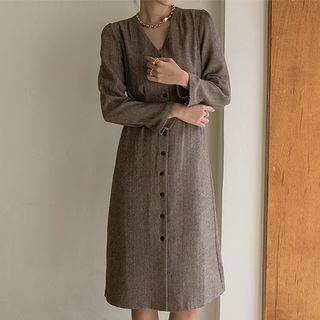 Pintuck Herringbone Midi Dress Brown - One Size