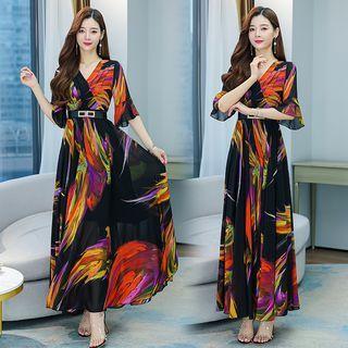 3/4-sleeve V-neck Print Maxi A-line Chiffon Dress