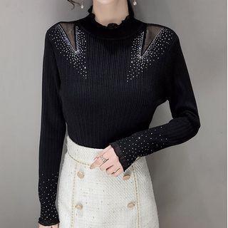 Long-sleeve Semi Turtleneck Lace Panel Plain Slim Fit Top