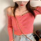 Long-sleeve Off-shoulder Cropped Striped Knit Top