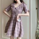 Short-sleeve Ruffle Trim Plaid Dress Dress - One Size