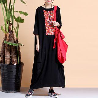 Printed Panel 3/4 Sleeve Maxi Dress