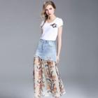 Set: Applique T-shirt + Chiffon Panel Denim Skirt