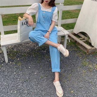 Short-sleeve Eyelet Blouse / Straight-cut Jumper Pants