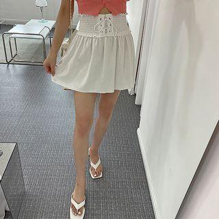 Lace-up Smocked-trim Miniskirt