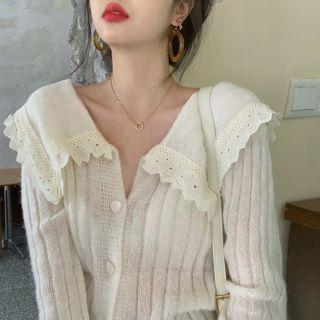 Lace Trim Collared Knit Cardigan
