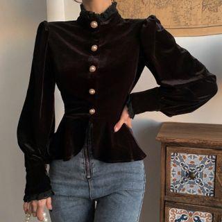 Long-sleeve Mock-neck Frill Trim Velvet Blouse