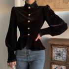 Long-sleeve Mock-neck Frill Trim Velvet Blouse