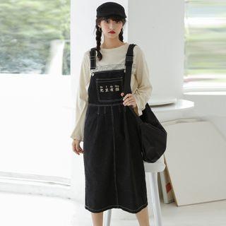 Embroidered Denim Midi Overall Dress