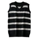 V-neck Striped Knit Vest Black & Gray - One Size