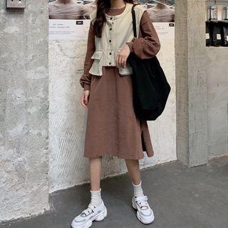 Pocket Detail Vest / Long-sleeve Midi T-shirt Dress