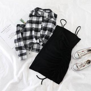 Set: Plaid Off-shoulder Top + Drawstring Dress Black - One Size