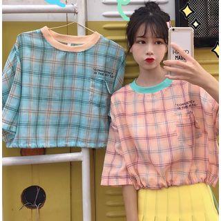 Contrast-collar Plaid Elbow-sleeve T-shirt