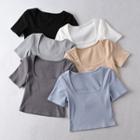 Short-sleeve Square-neck Plain Cropped T-shirt