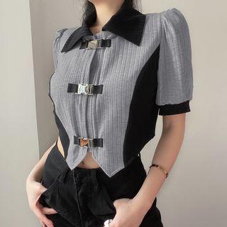 Puff-sleeve Collar Two-tone Top