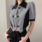 Puff-sleeve Collar Two-tone Top