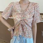 Floral Print Short-sleeve Ruffle Hem Cropped Blouse